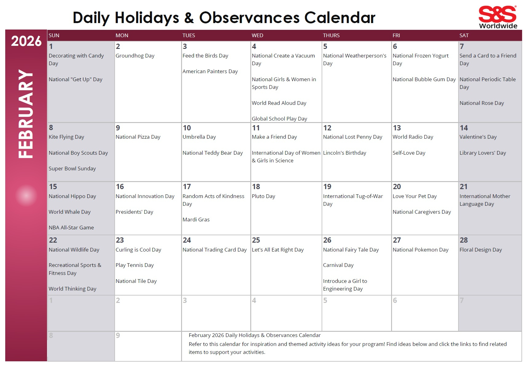 February Daily Holidays &amp;amp; Observances Printable Calendar - S&amp;amp;S Blog pertaining to February 2026 Holidays and Observances
