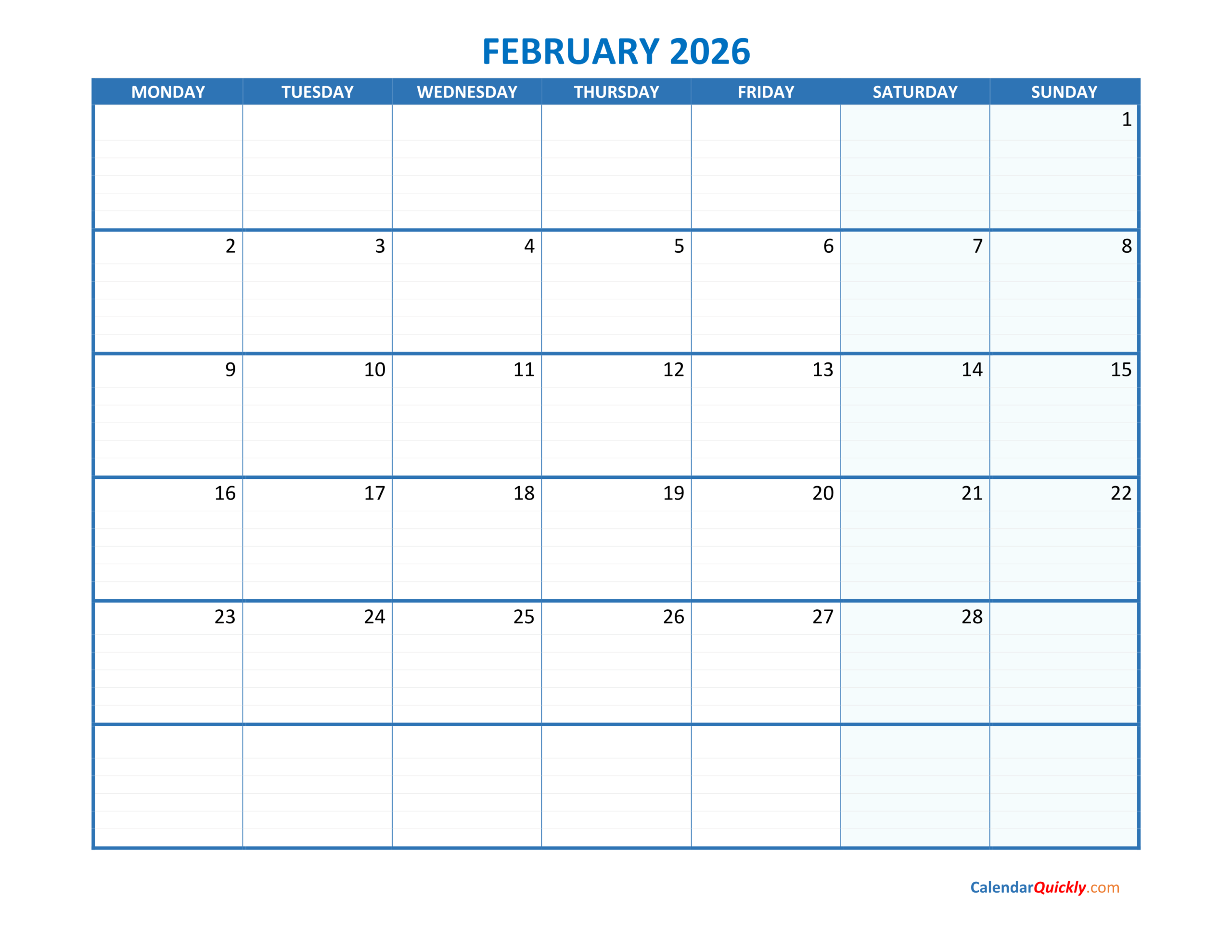 February Monday 2026 Blank Calendar | Calendar Quickly for Feb 2026 Calendar Starting Monday