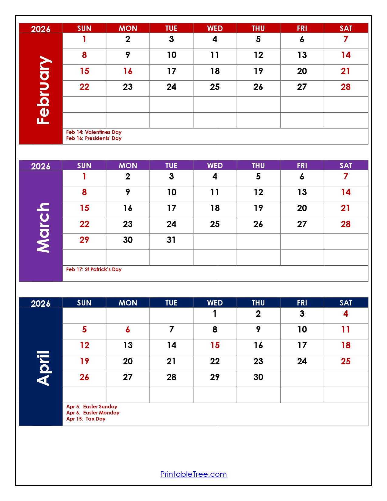 February To April 2026 Calendar | Three Month Calendar for Jewish Calendar February 2026