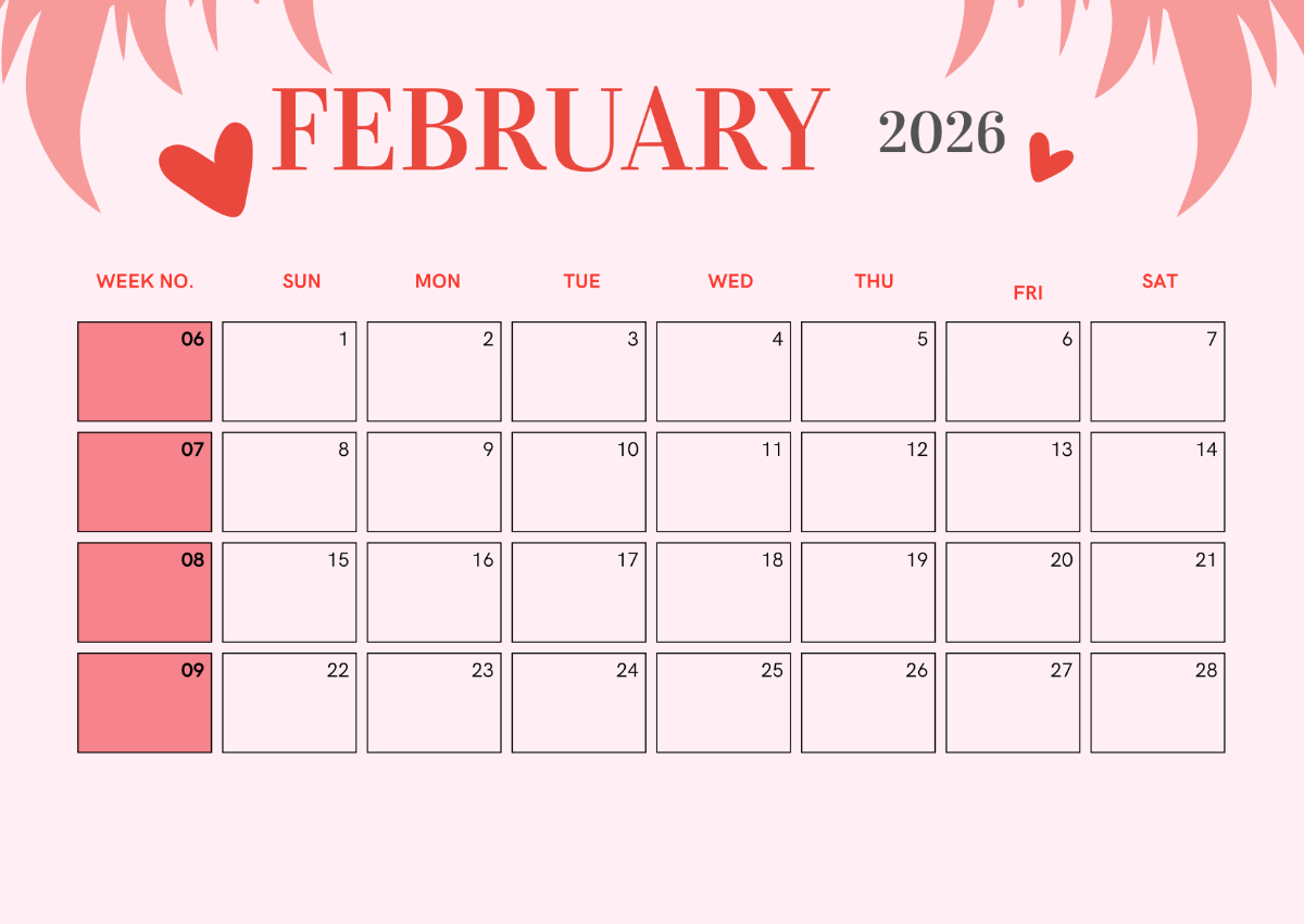 Free February 2026 Calendar With Week Numbers Template To Edit Online pertaining to Free Printable February Calendar 2026 Numbers