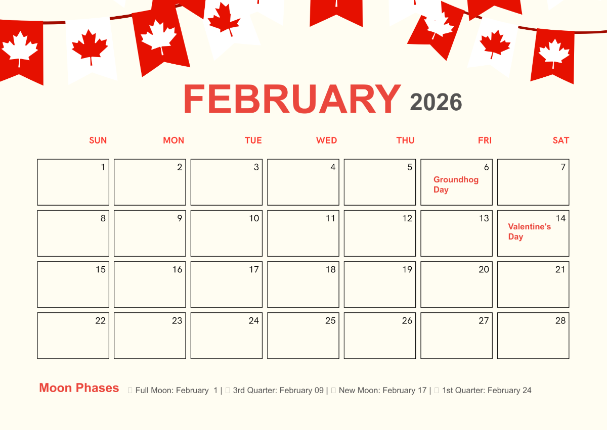 Free February 2026 Canada Calendar Template To Edit Online with regard to Feb 2026 Calendar With Holidays Canada