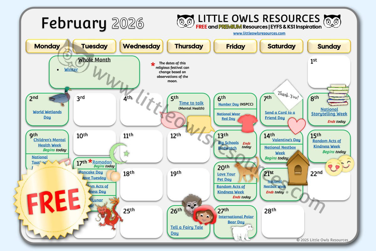 Free February 2026 Special Date Events Calendar | Eyfs &amp;amp; Ks1 throughout February 2026 Calendar Special Days