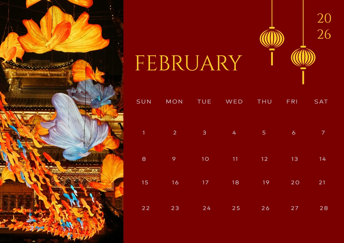 Free Lunar New Year February 2026 Calendar Template To Edit Online throughout Feb 2026 Calendar Chinese New Year