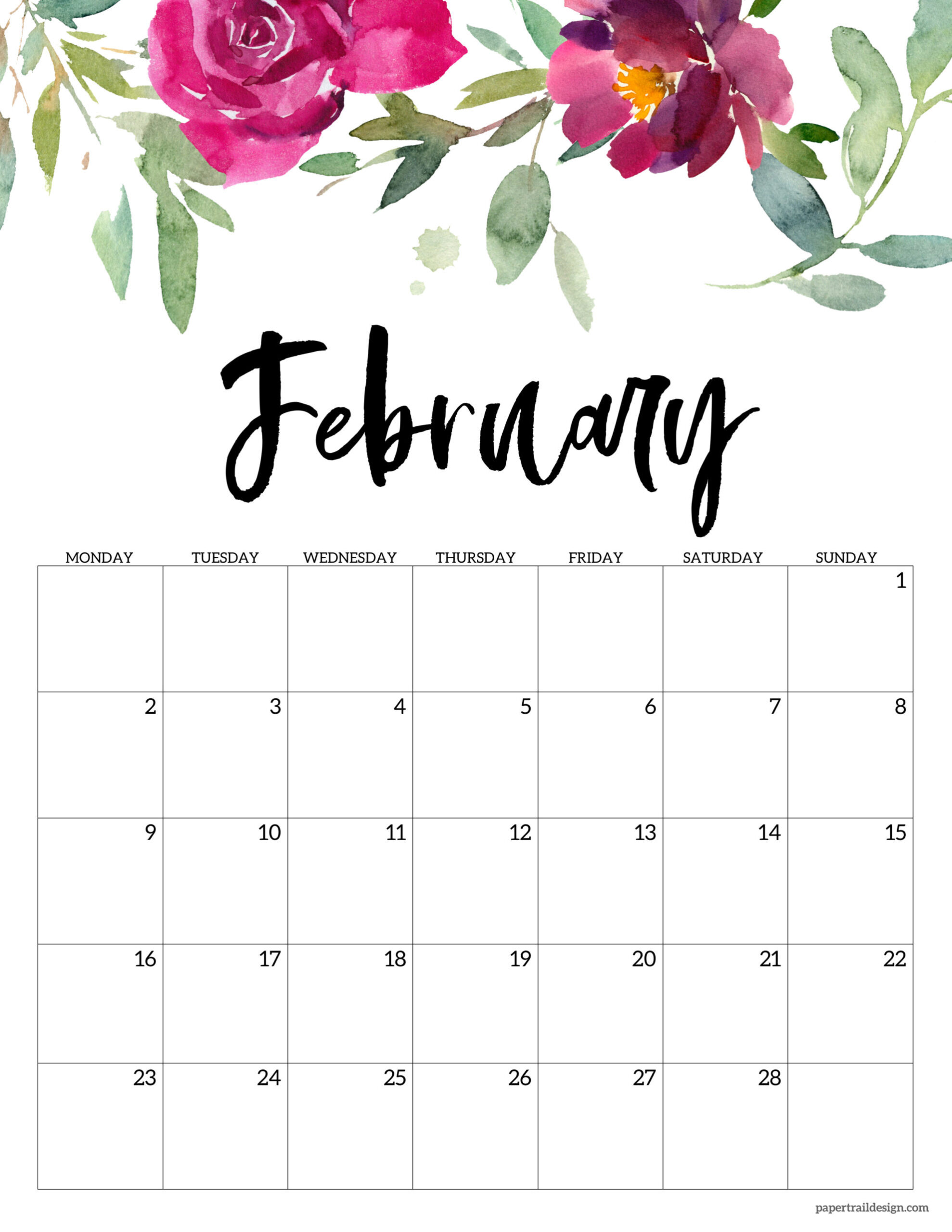 Free Printable 2026 Floral Calendar - Monday Start - Paper Trail regarding Printable February 2026 Calendar Monday Start