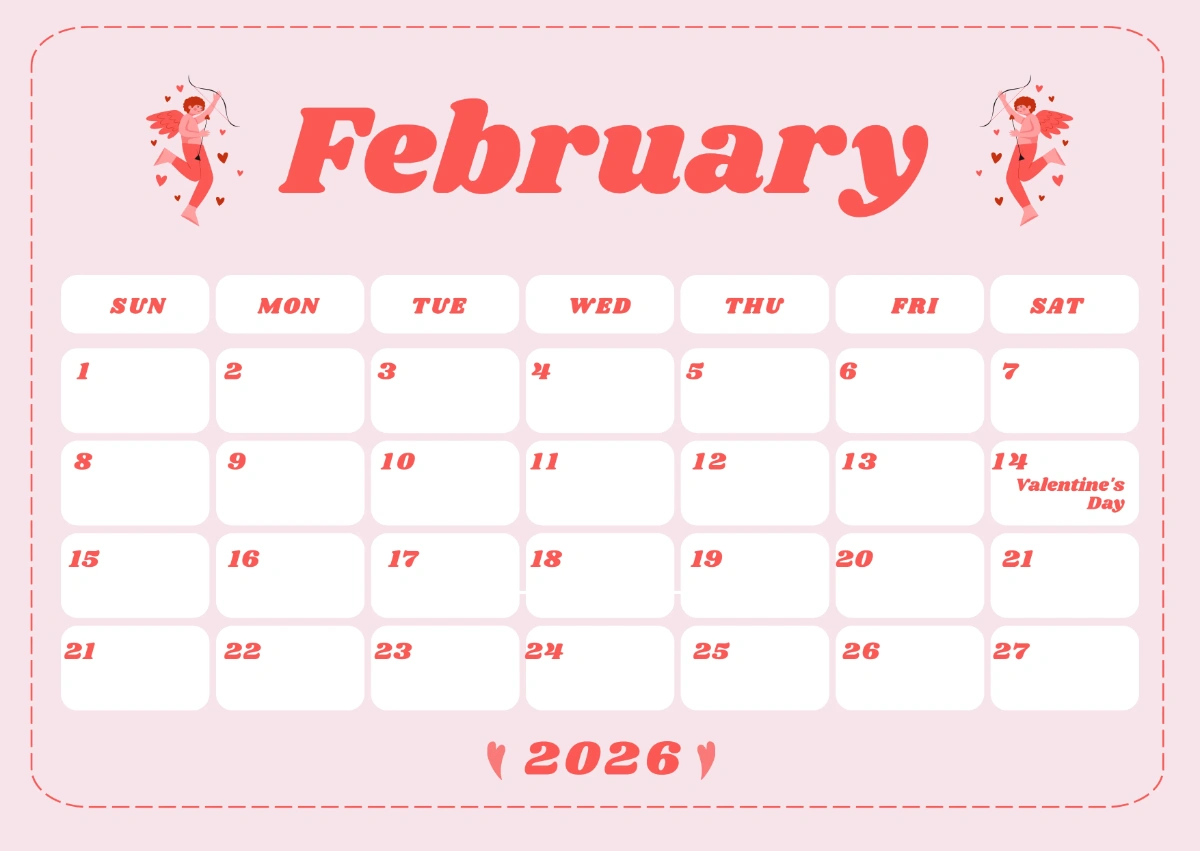 Free Valentine Themed February 2026 Calendar Template To Edit Online throughout February Calendar 2026 Valentines