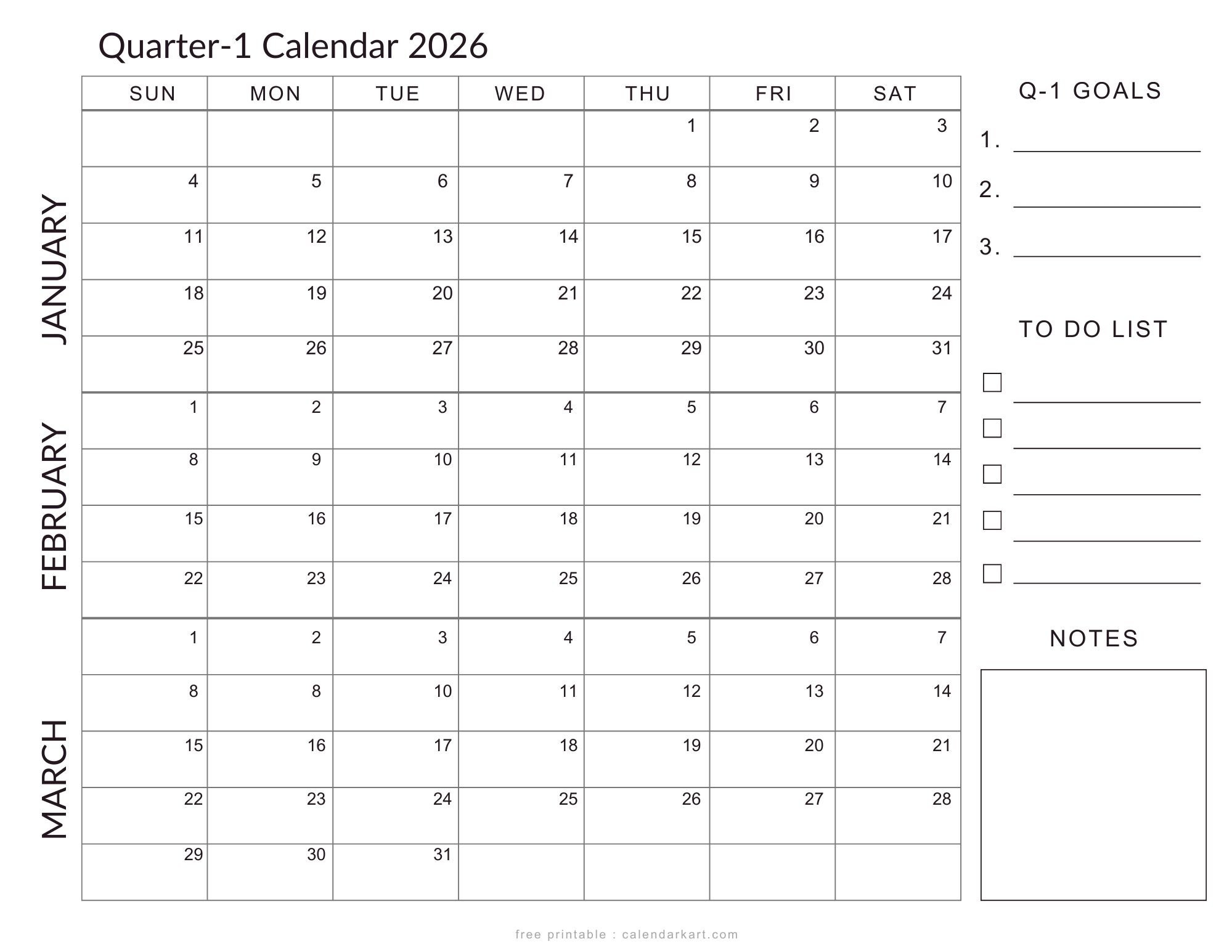 January-March 2026 Calendar - Q1 Planner Templates - Calendarkart intended for Jan Feb March 2026 Printable Calendar