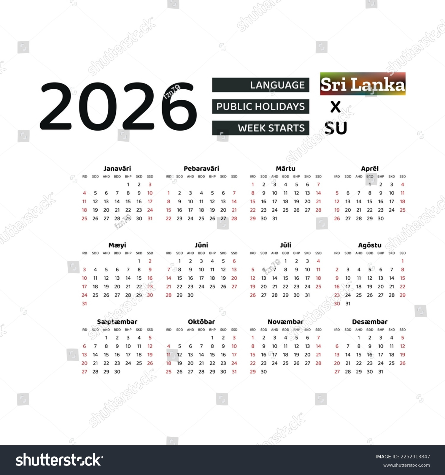 Kalender 2026 Sinhala Sprache Mit Sri: Stock-Vektorgrafik inside February 2026 Calendar Sri Lanka