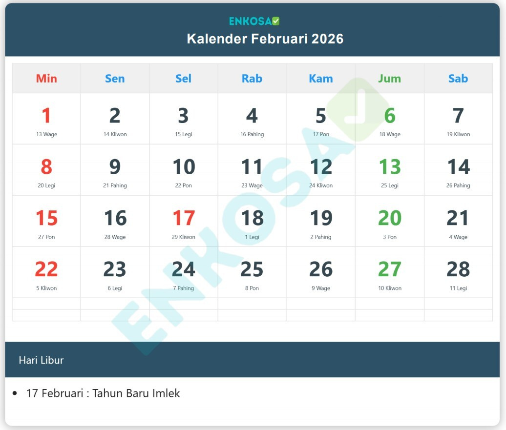 Kalender Februari 2026 Lengkap in Kalender Februari 2026