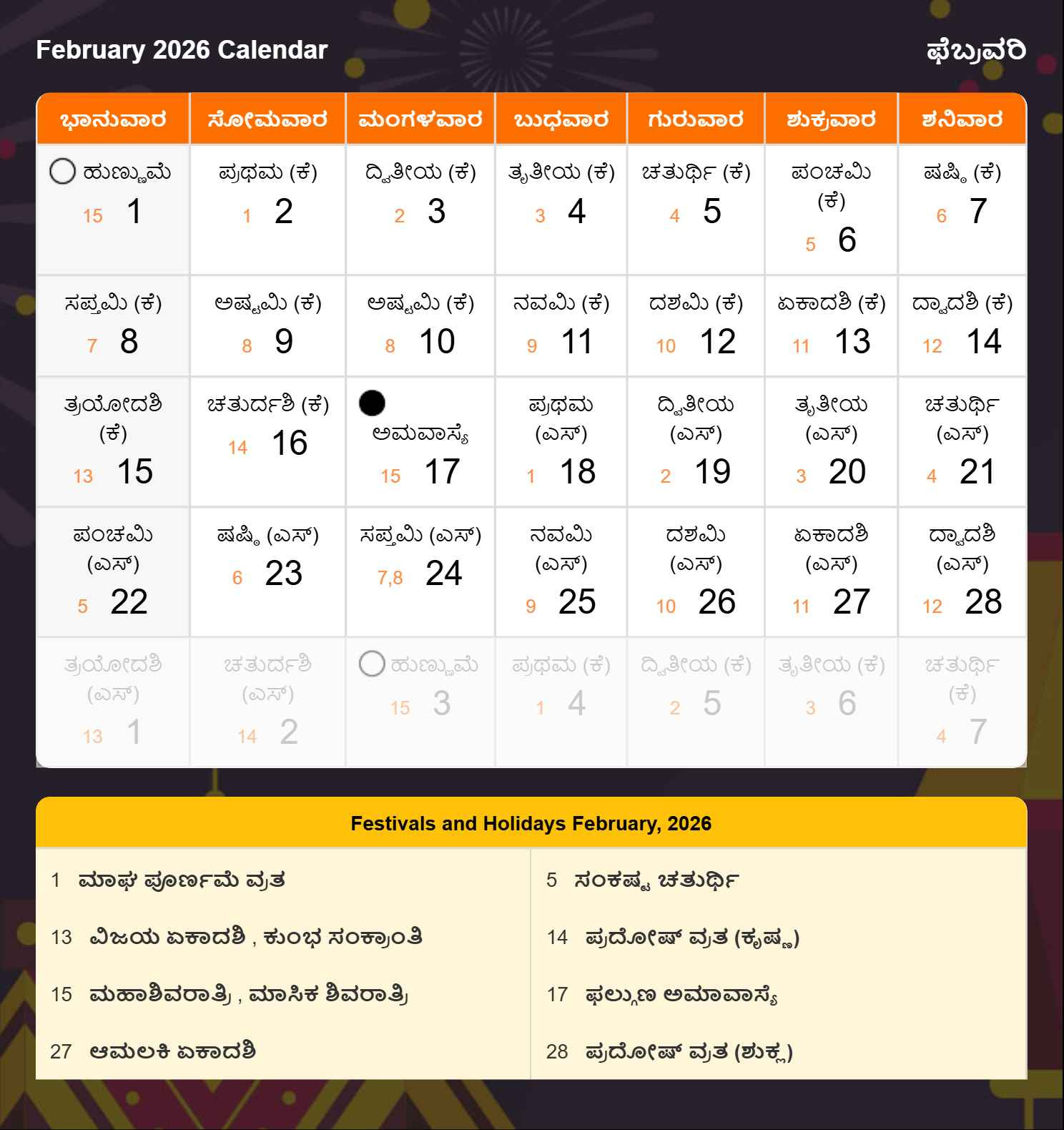 Kannada Calendar 2026 For February In English in February 2026 Calendar Kannada