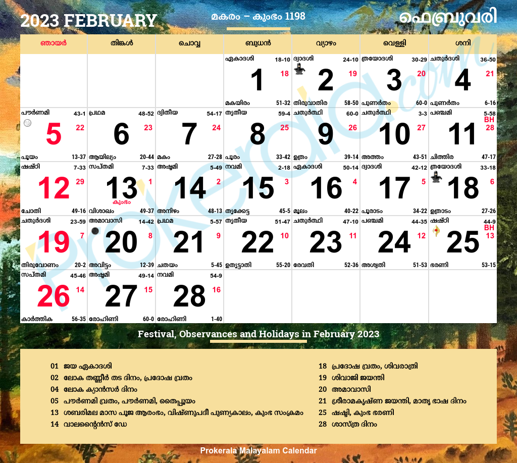 Malayalam Calendar 2023, February in February 2026 Calendar Mathrubhumi