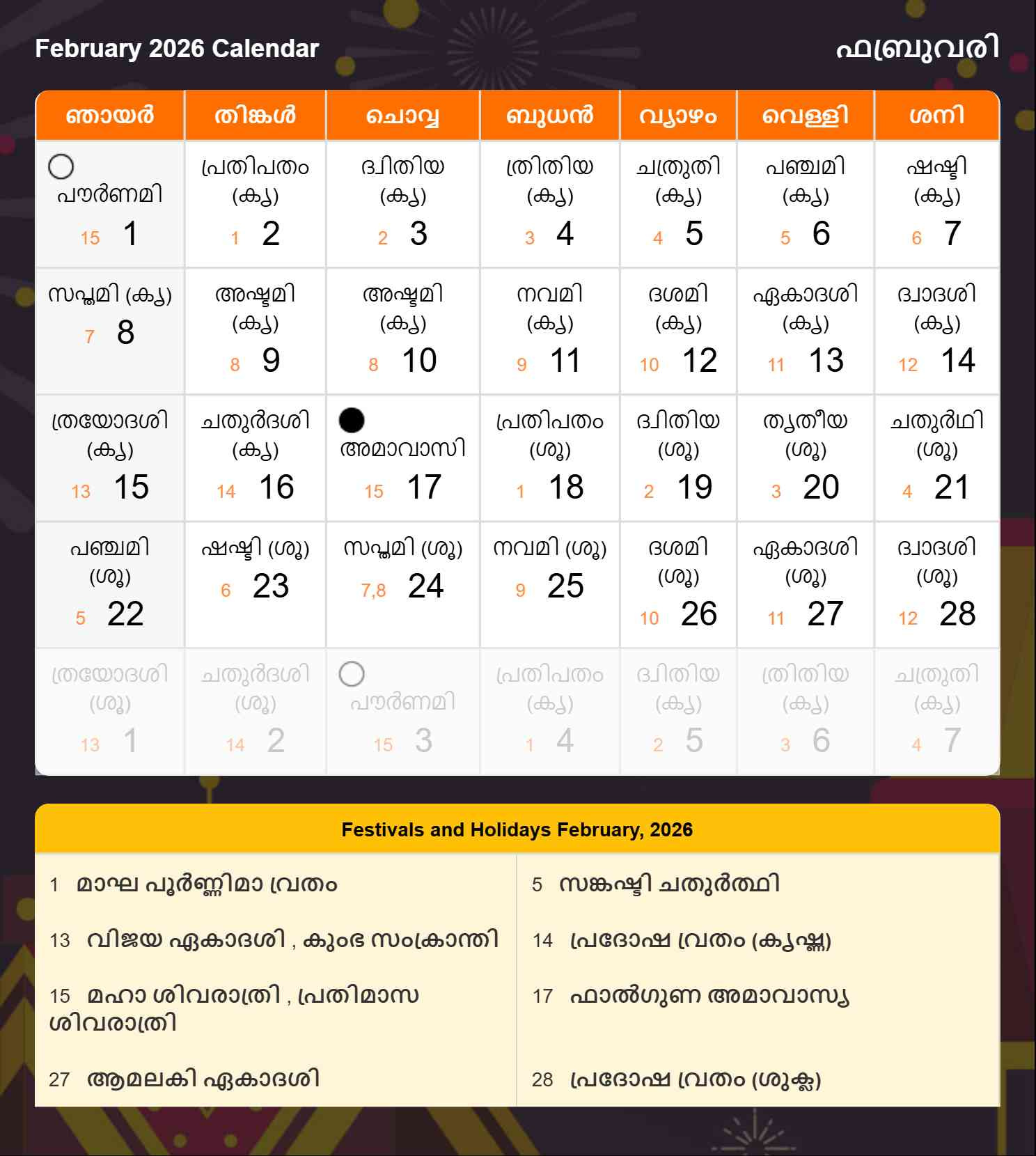 Malayalam Calendar 2026 - മലയാളം ആഘോഷങ്ങളും intended for Malayalam Calendar 2026 February Download
