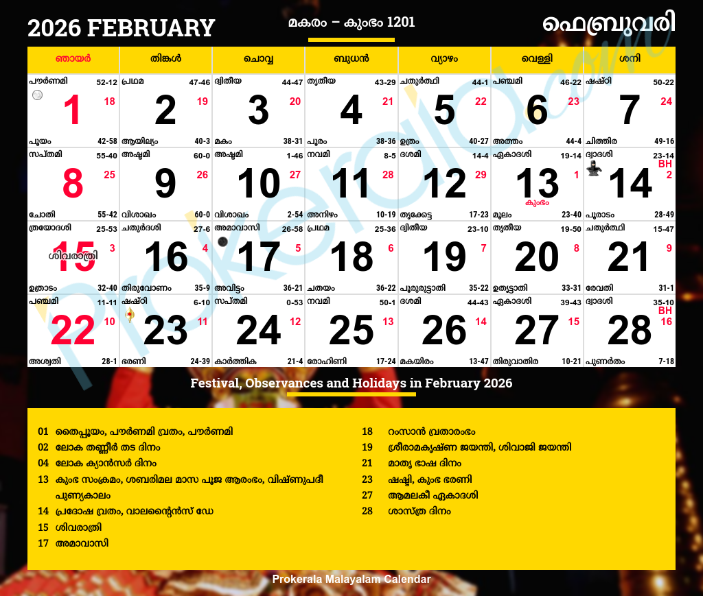 Malayalam Calendar 2026, February inside February 2026 Calendar Mathrubhumi