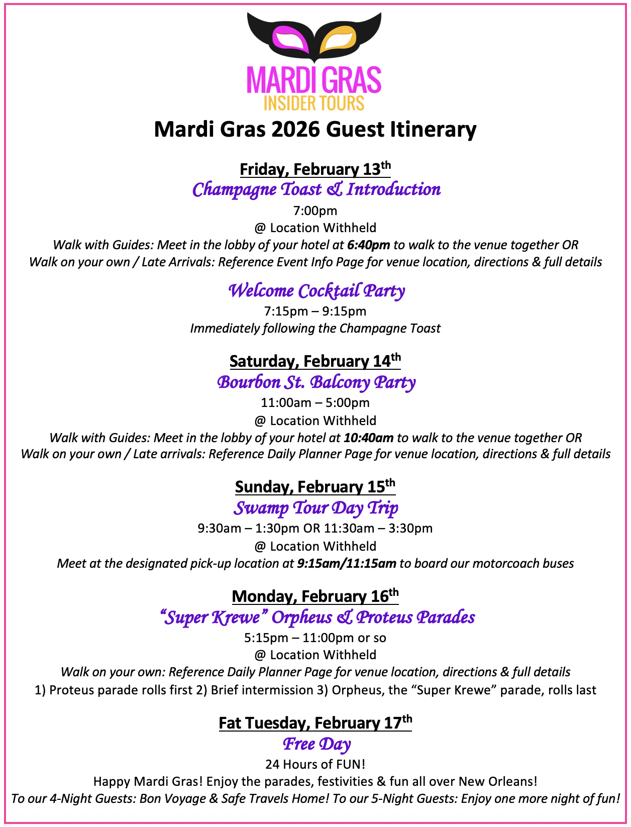 Mardi Gras 2026: Event Itinerary — Mardi Gras Insider Tours for February 2026 Calendar Mardi Gras