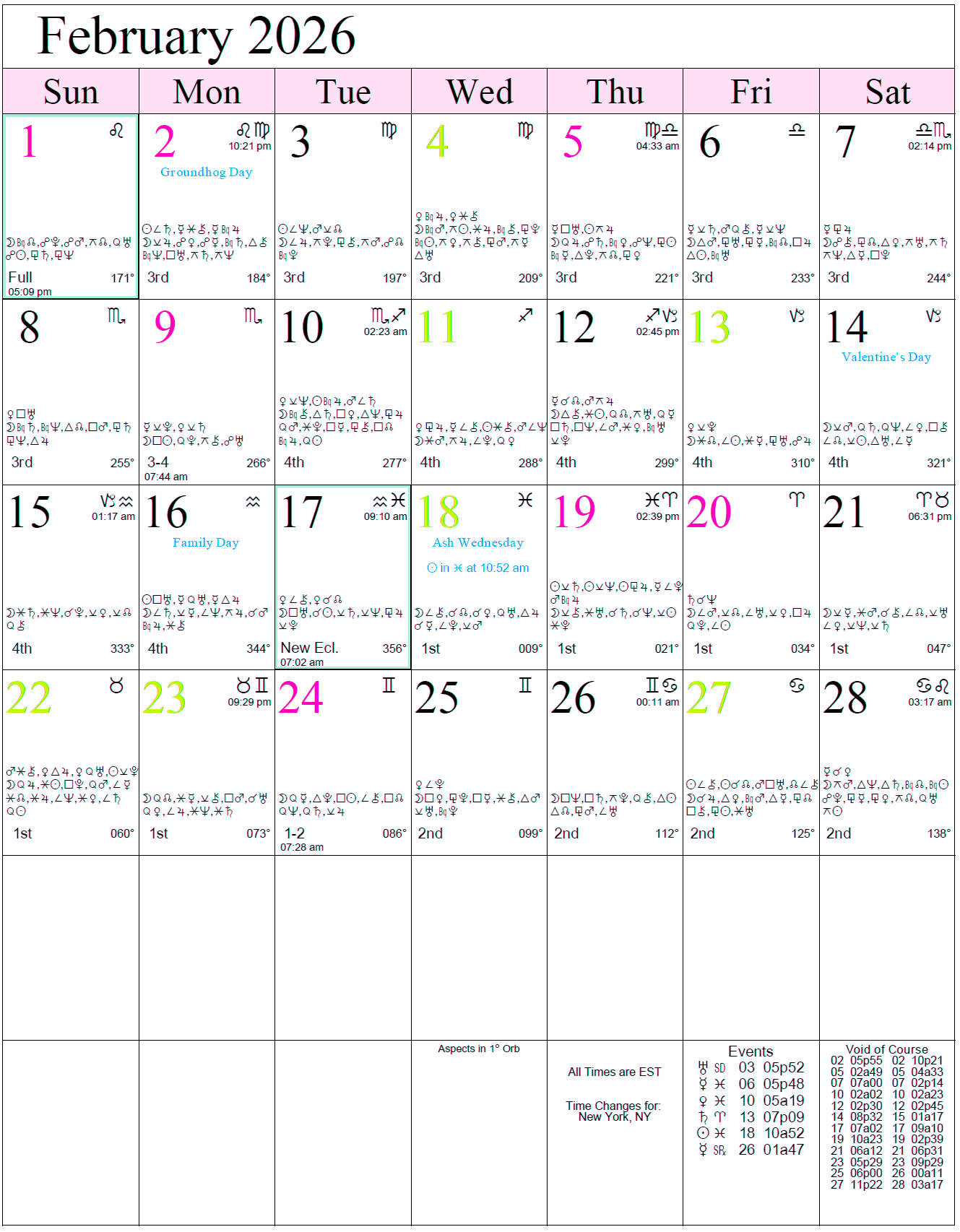Monthly Astro Calendars | Cafe Astrology inside February 2026 Calendar Explained