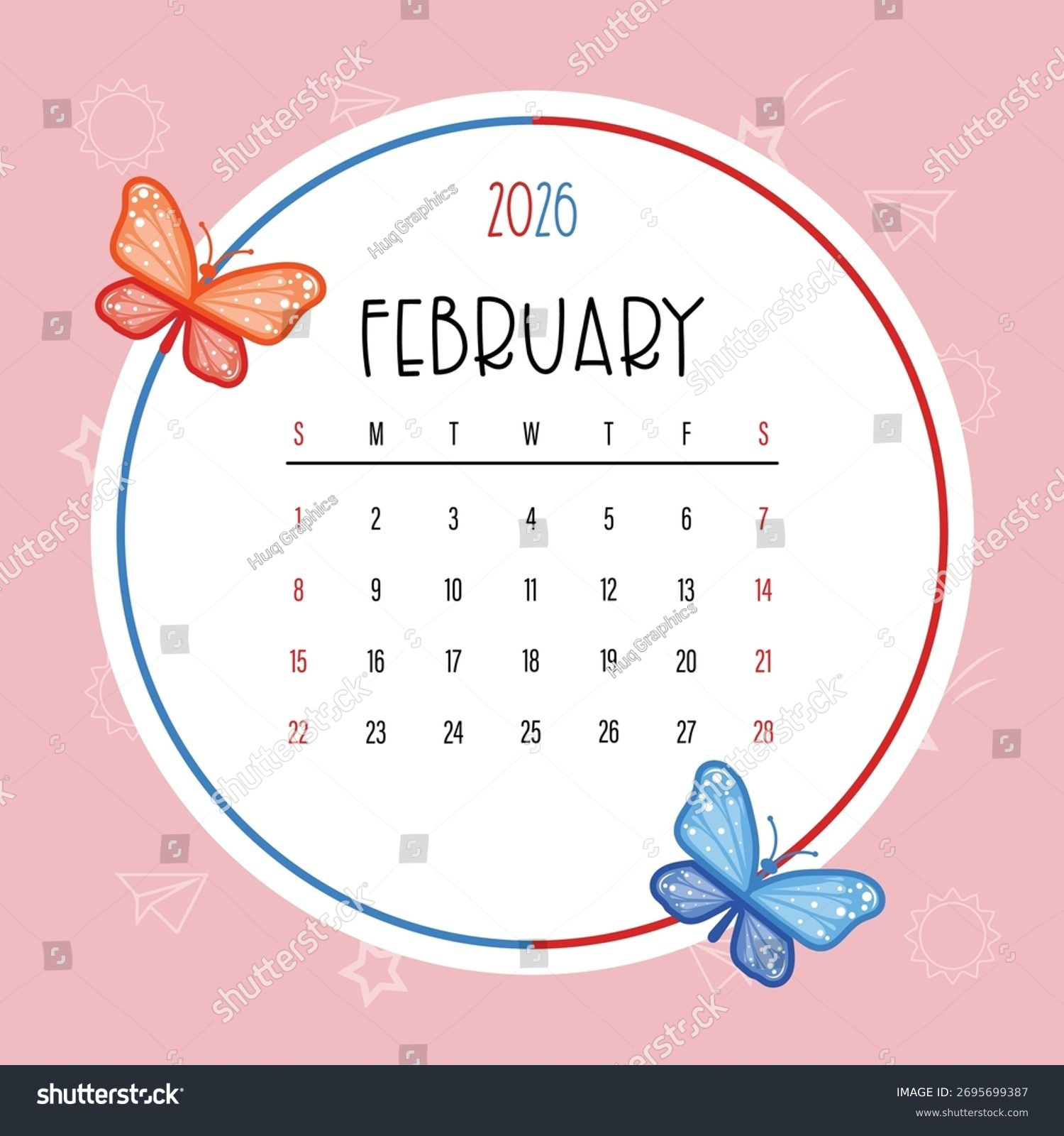 Niedlich Februar 2026 Kalender-Vorlage Mit Schmetterlingen: Stock regarding Feb 2026 Calendar Clipart