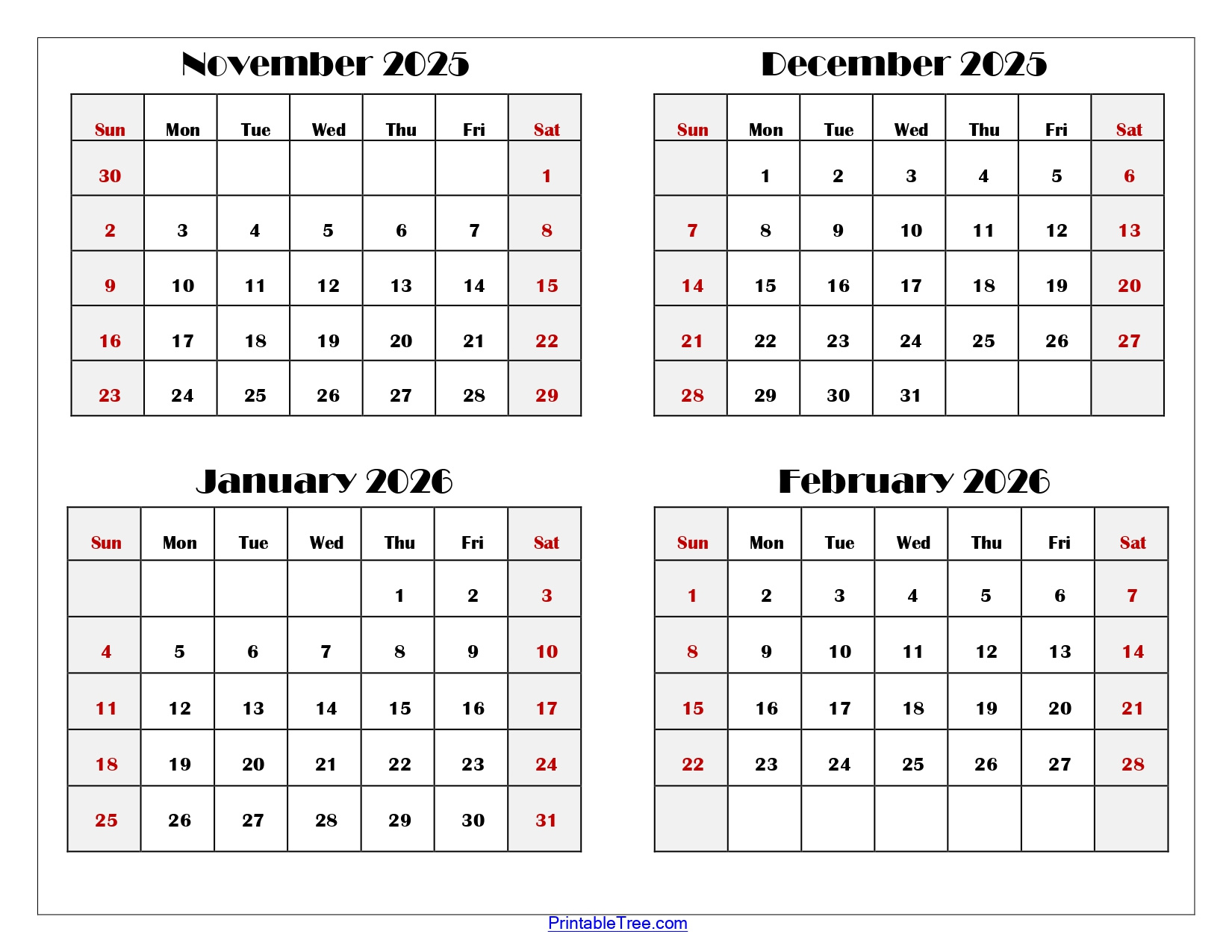 November To February 2026 Calendar Printable Pdf | Four Months in November December 2025 January February 2026 Calendar