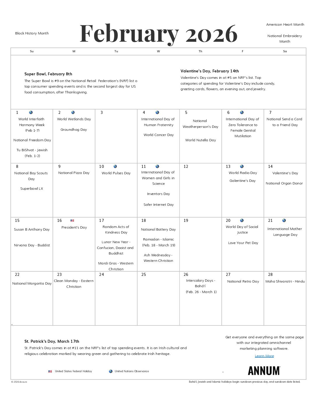 Printable February 2026 Calendar | February Holidays | Annum in February 2026 Calendar National Days