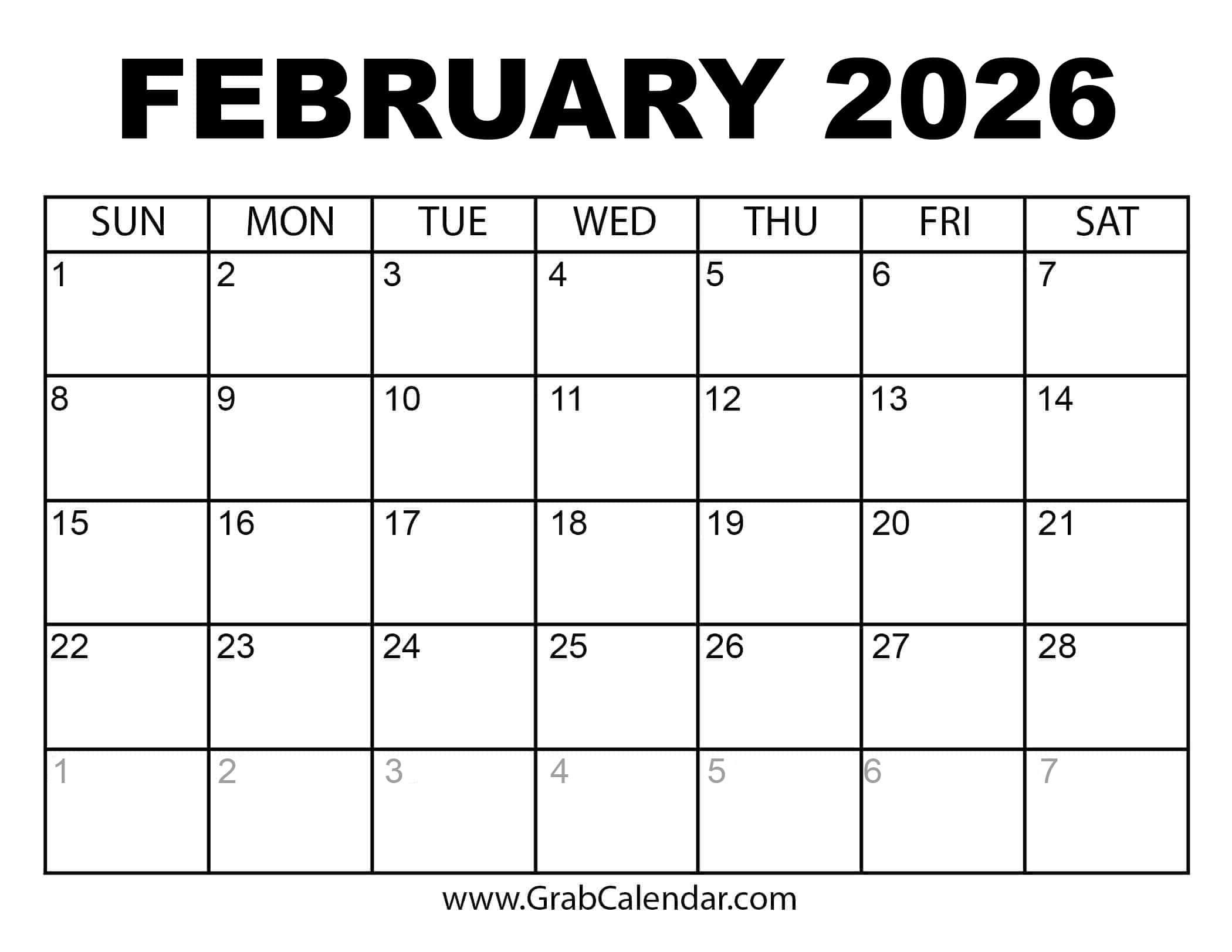 Printable February 2026 Calendar for February 2026 Calendar Free Printable