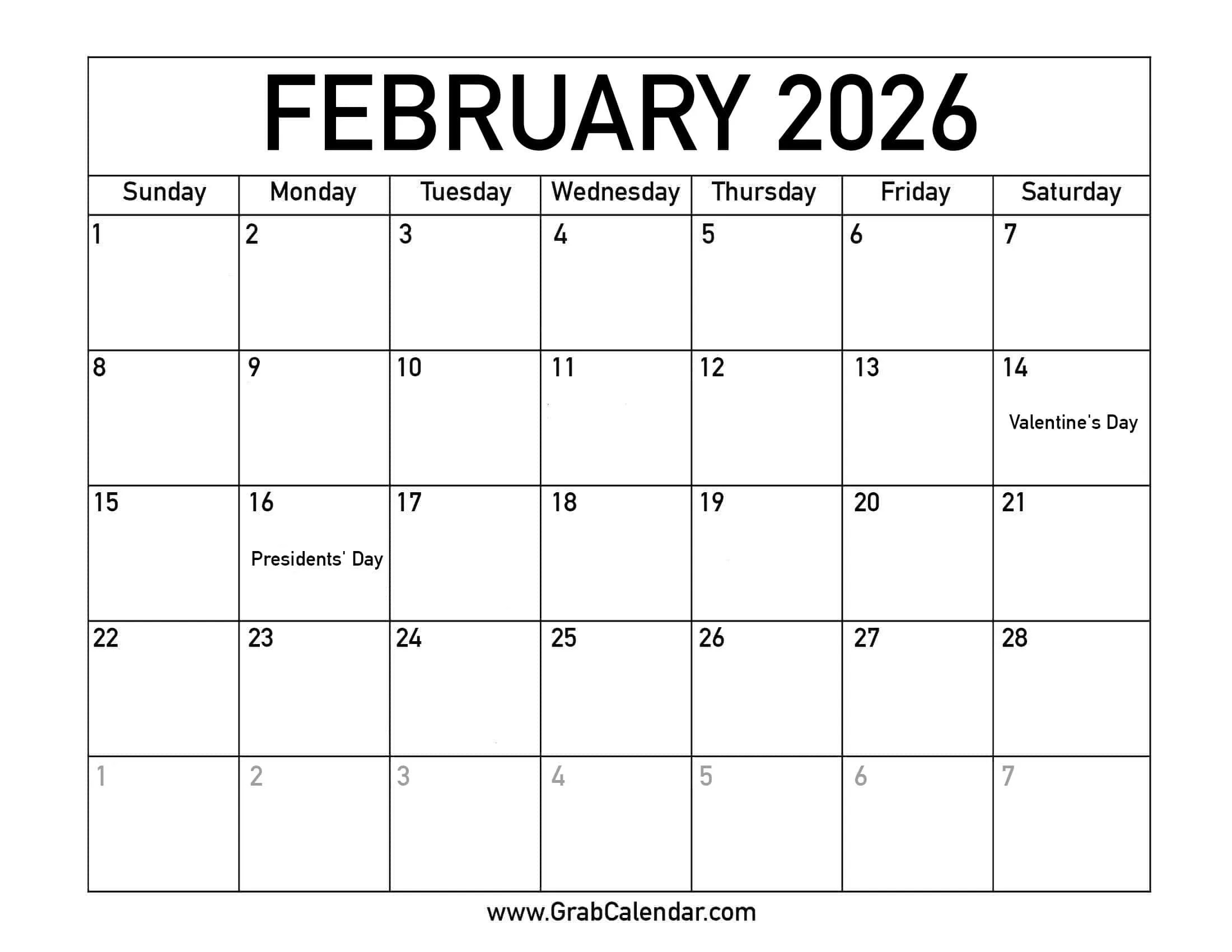 Printable February 2026 Calendar for February 2026 Calendar With Holidays Printable