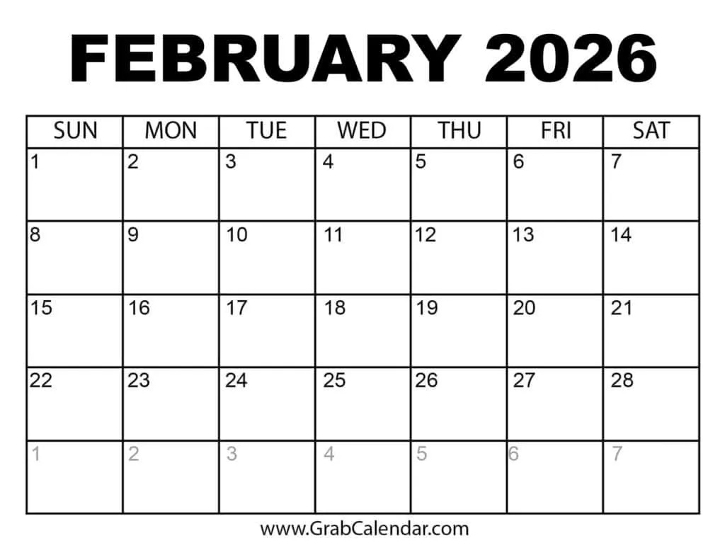 Printable February 2026 Calendar intended for Printable February 2026 Calendar Free