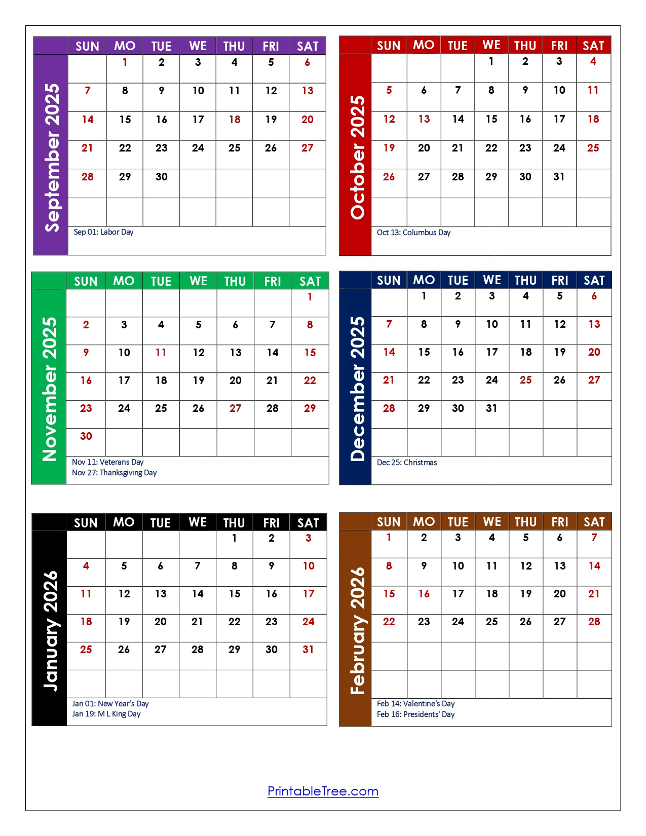 September To February 2026 Calendar Printable Pdf | Six Months regarding September 2025 To February 2026 Calendar