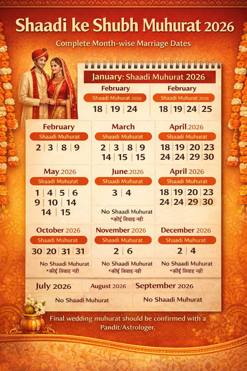 Shaadi Ke Shubh Muhurat 2026 (शादी के शुभ मुहूर्त for February 2026 Calendar Lagan