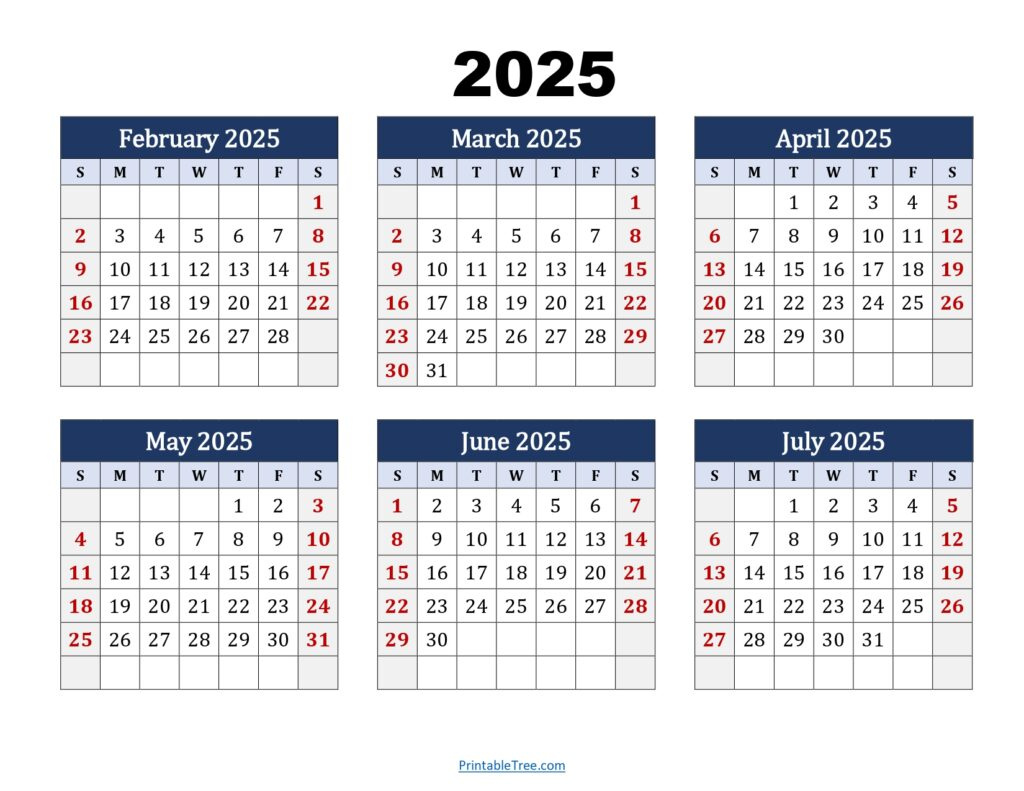 Six Month Calendar 2025-2026 Printable Pdf- 6 Months Calendar throughout July 2025 To February 2026 Calendar