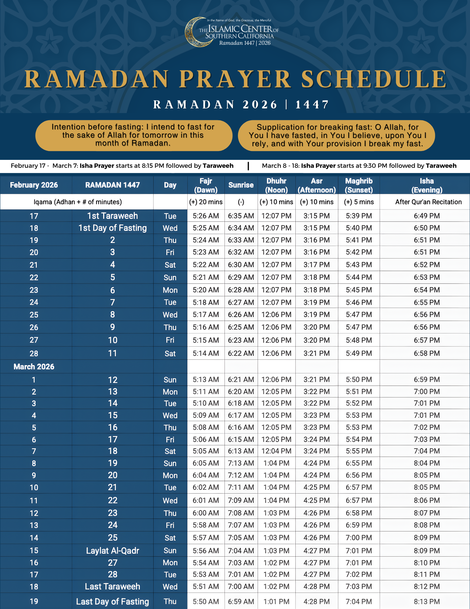Icsc Ramadan 2026 | 1447 - Islamic Center Of Southern California in Ramadan 2026 Calendar Los Angeles
