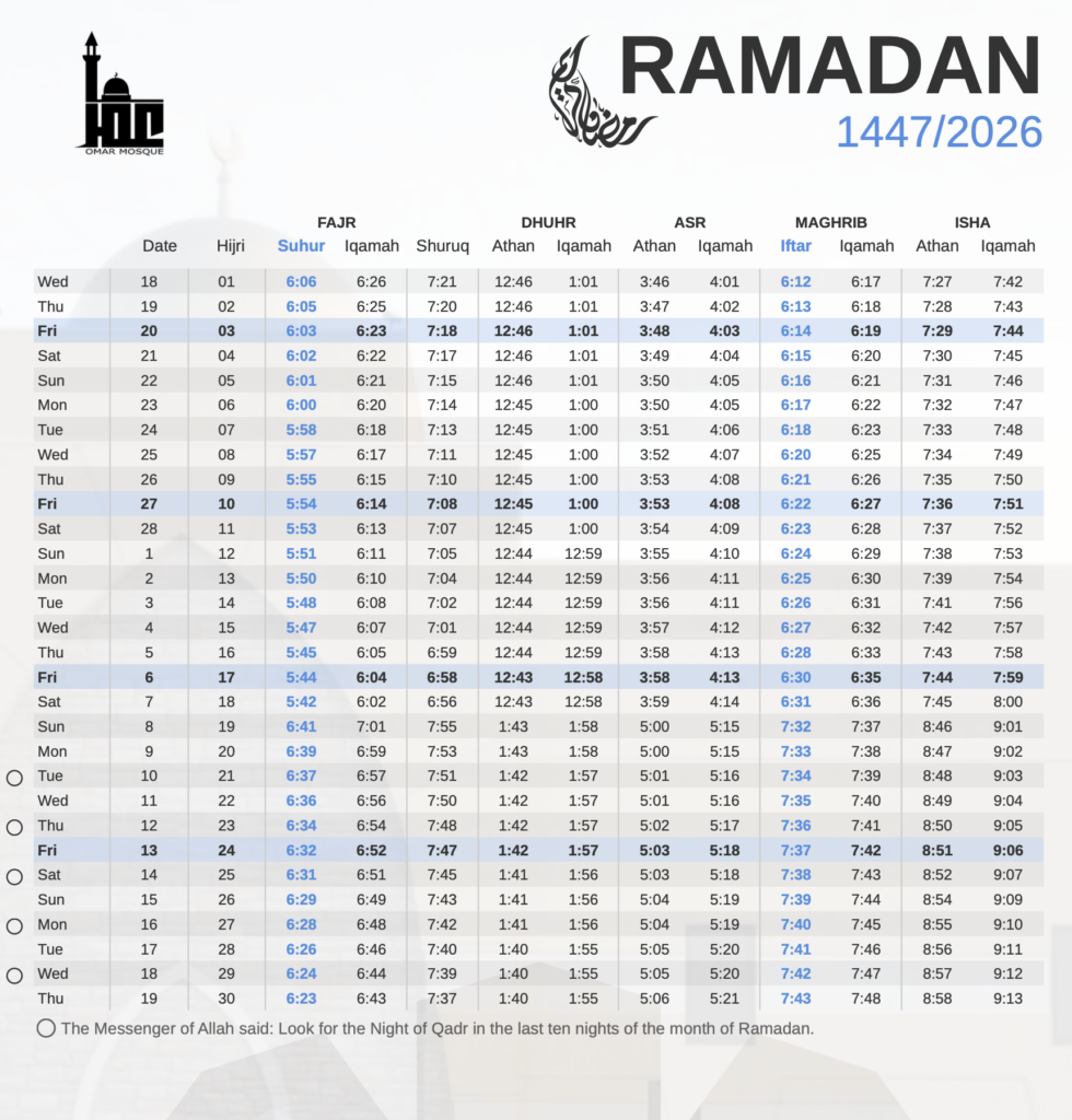Masjid Omar regarding Ramadan Calendar 2026 Ohio