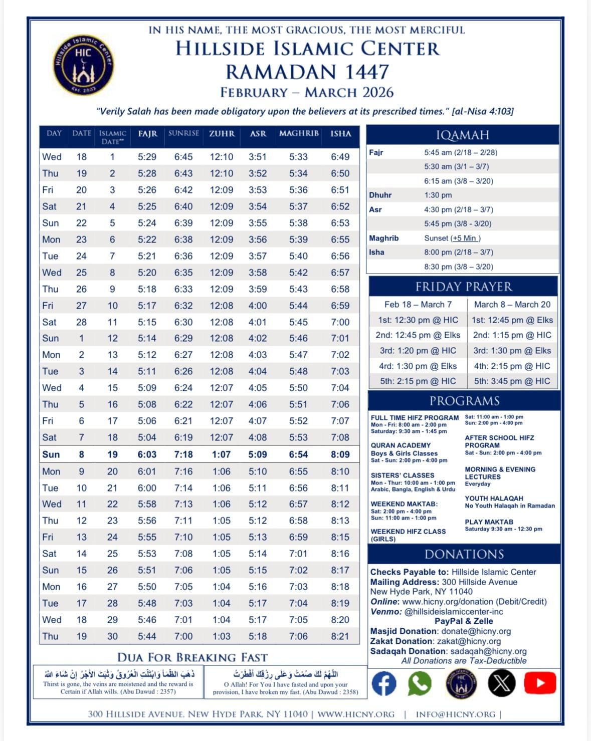 Monthly Prayer Time | Hillside Islamic Center - Renew Your Faith! throughout Ramadan Calendar 2026 New York