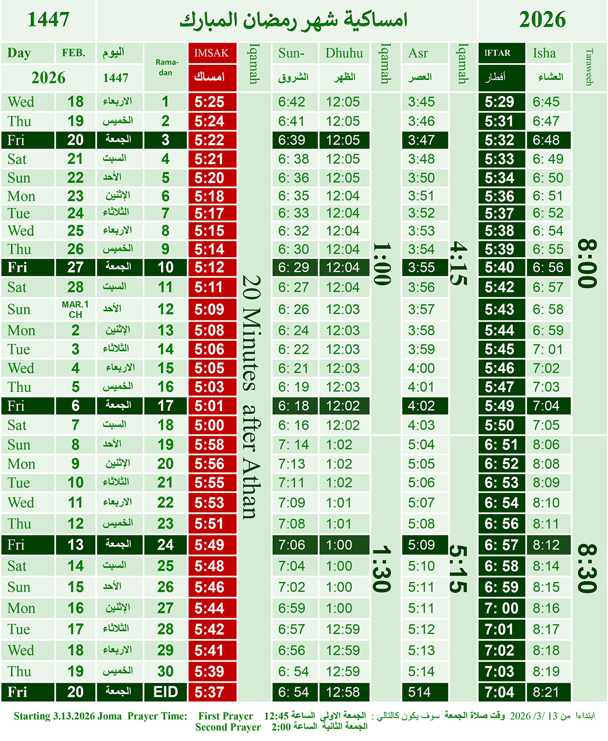 Monthly Prayer Times Sheet – Islamic Community Center Of Illinois with Ramadan Calendar Chicago 2026