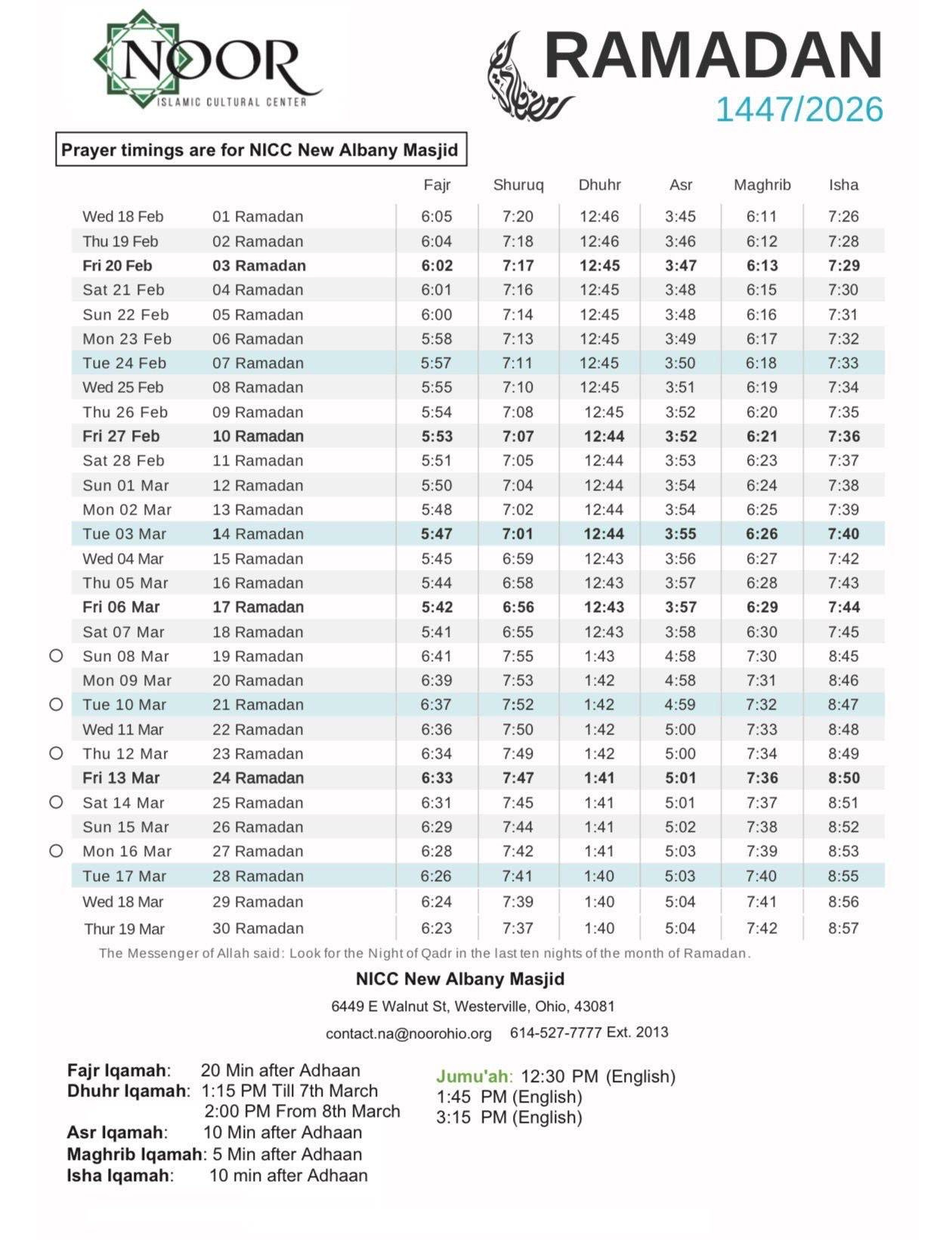 Noor Islamic Cultural Center for Ramadan Calendar 2026 Dublin Ca