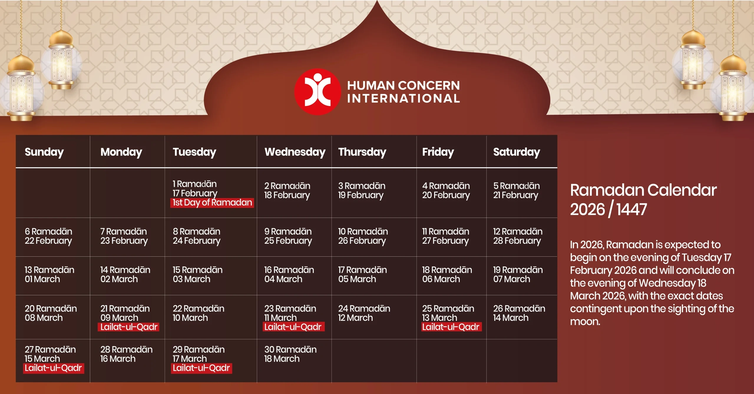 Ramadan 2026 / 1447 Ah - Human Concern International Canada inside Usa Ramadan 2026 Calendar