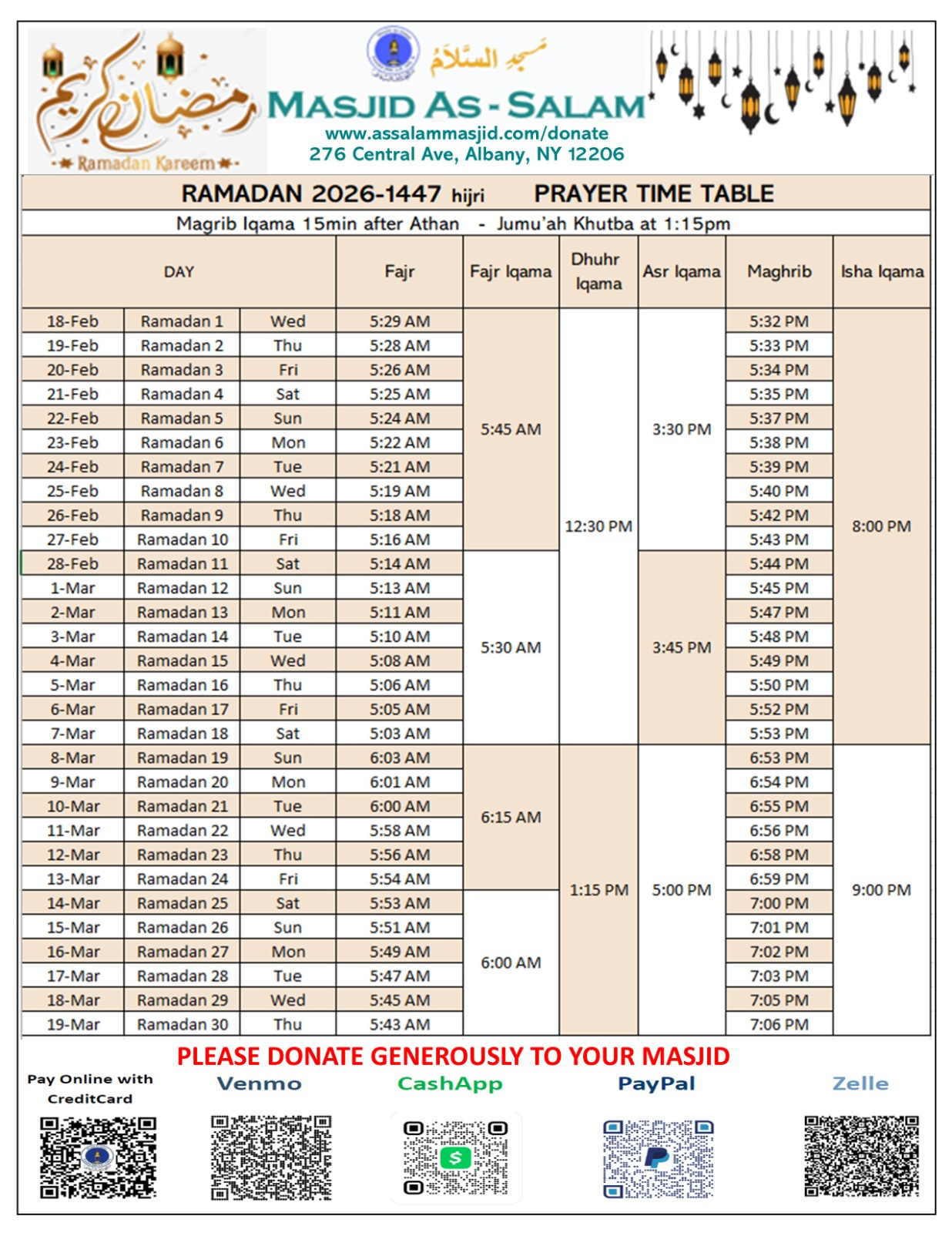Ramadan 2026 In Albany,Ny – Masjid As Salam for New York Ramadan Calendar 2026