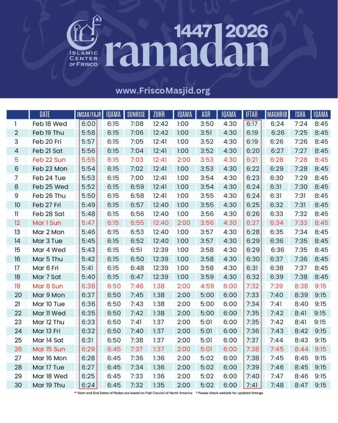 Ramadan 2026 - Islamic Center Of Frisco within 2026 Ramadan Calendar Usa