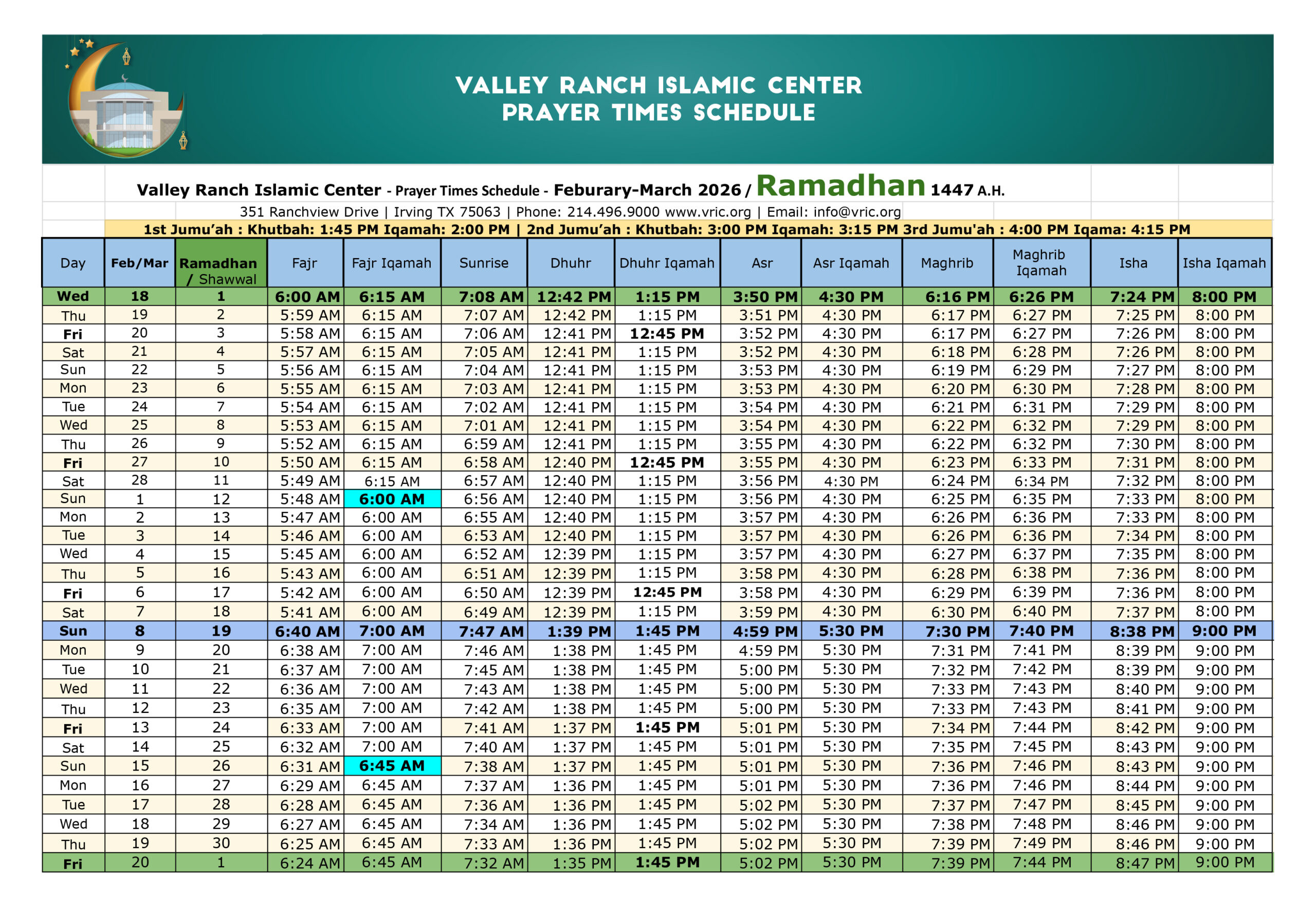 Ramadan 2026 – Valley Ranch Islamic Center in Ramadan Calendar 2026 Dallas