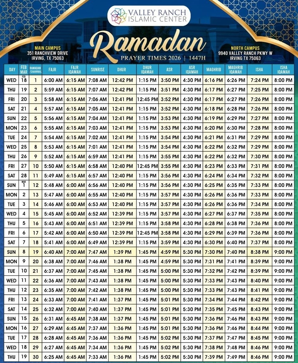 Ramadan 2026 – Valley Ranch Islamic Center inside Ramadan 2026 Calendar Dallas