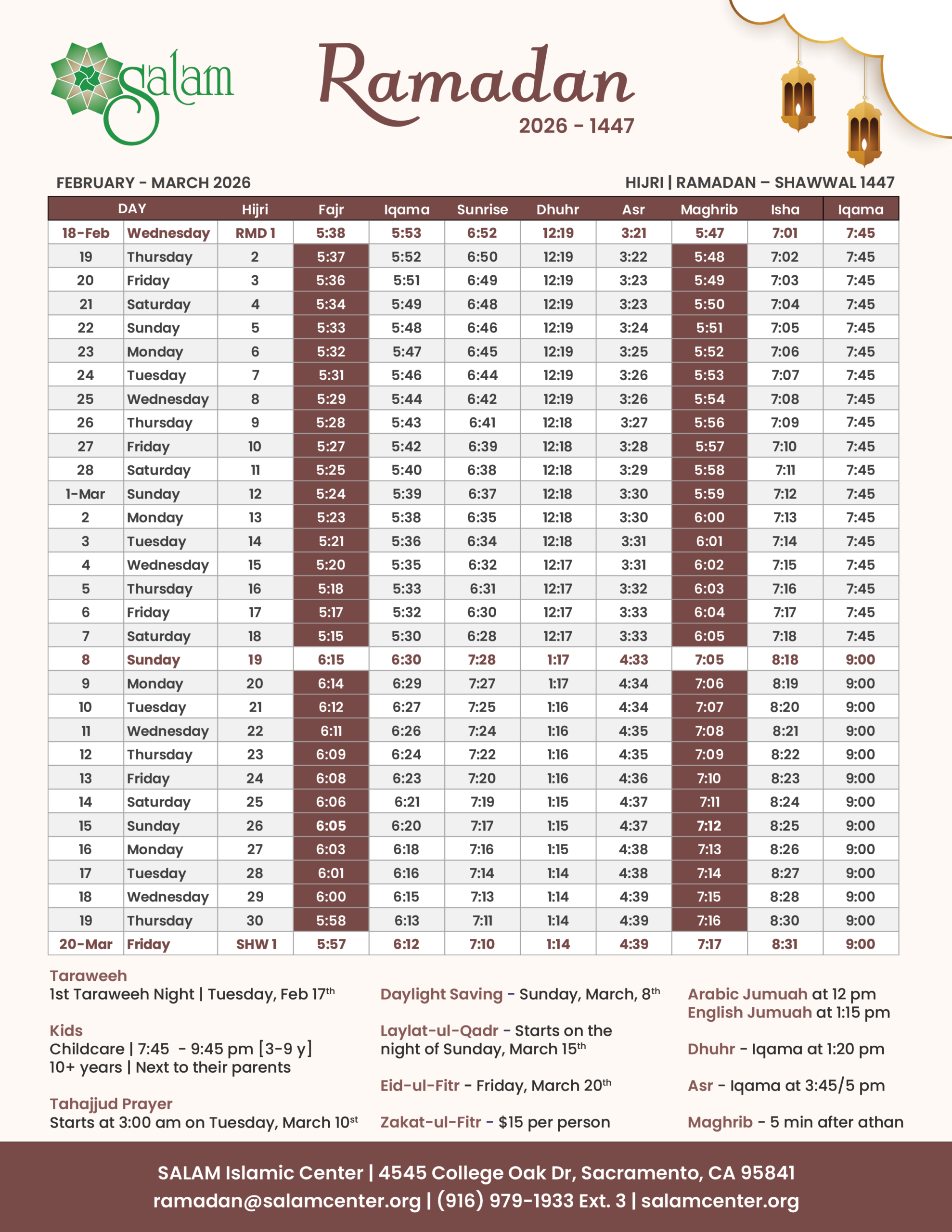 Ramadan And Eid | 2026 - 1447 - Salam Islamic Center with Ramadan In Usa 2026 Calendar