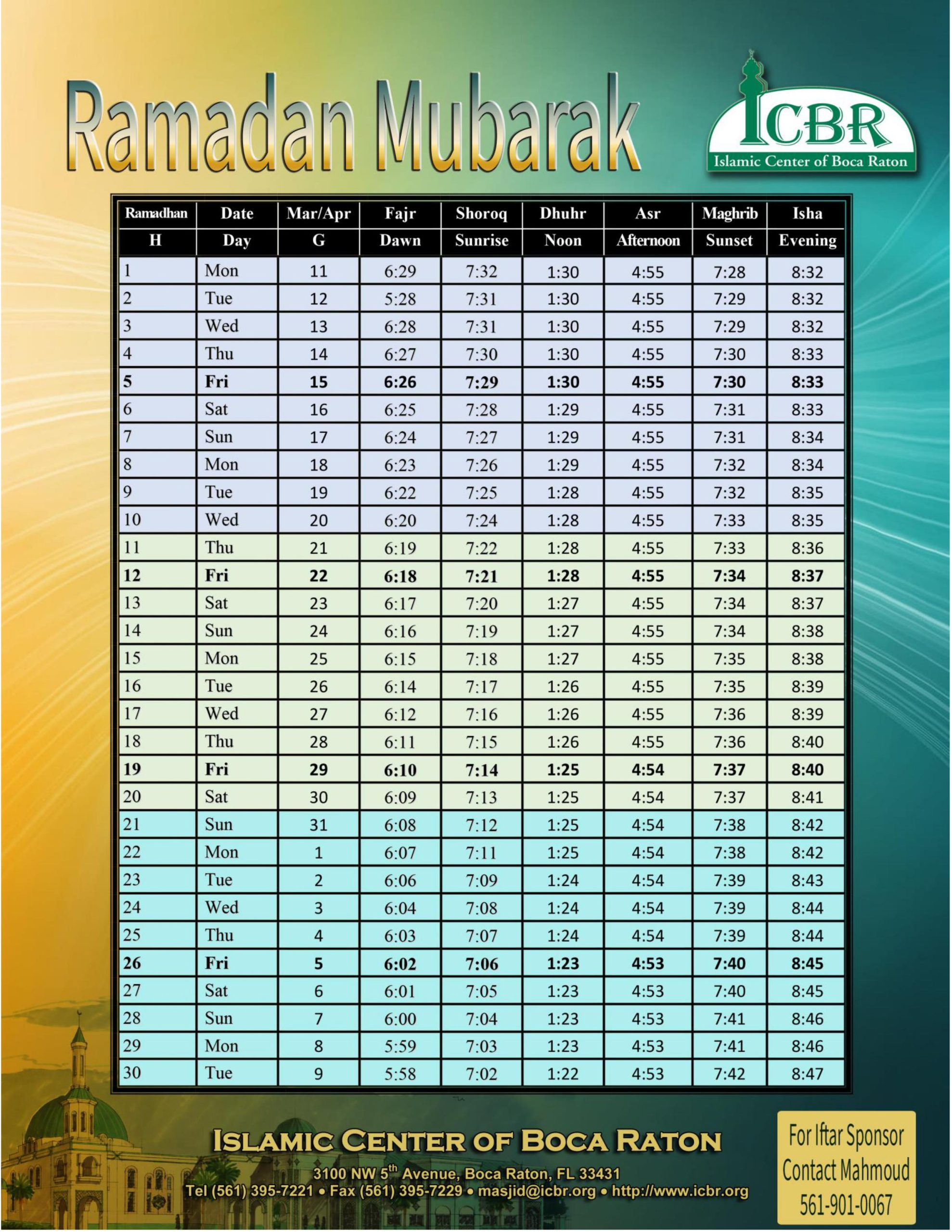 Ramadan Calendar | Islamic Center Of Boca Raton in Ramadan Calendar 2026 Florida