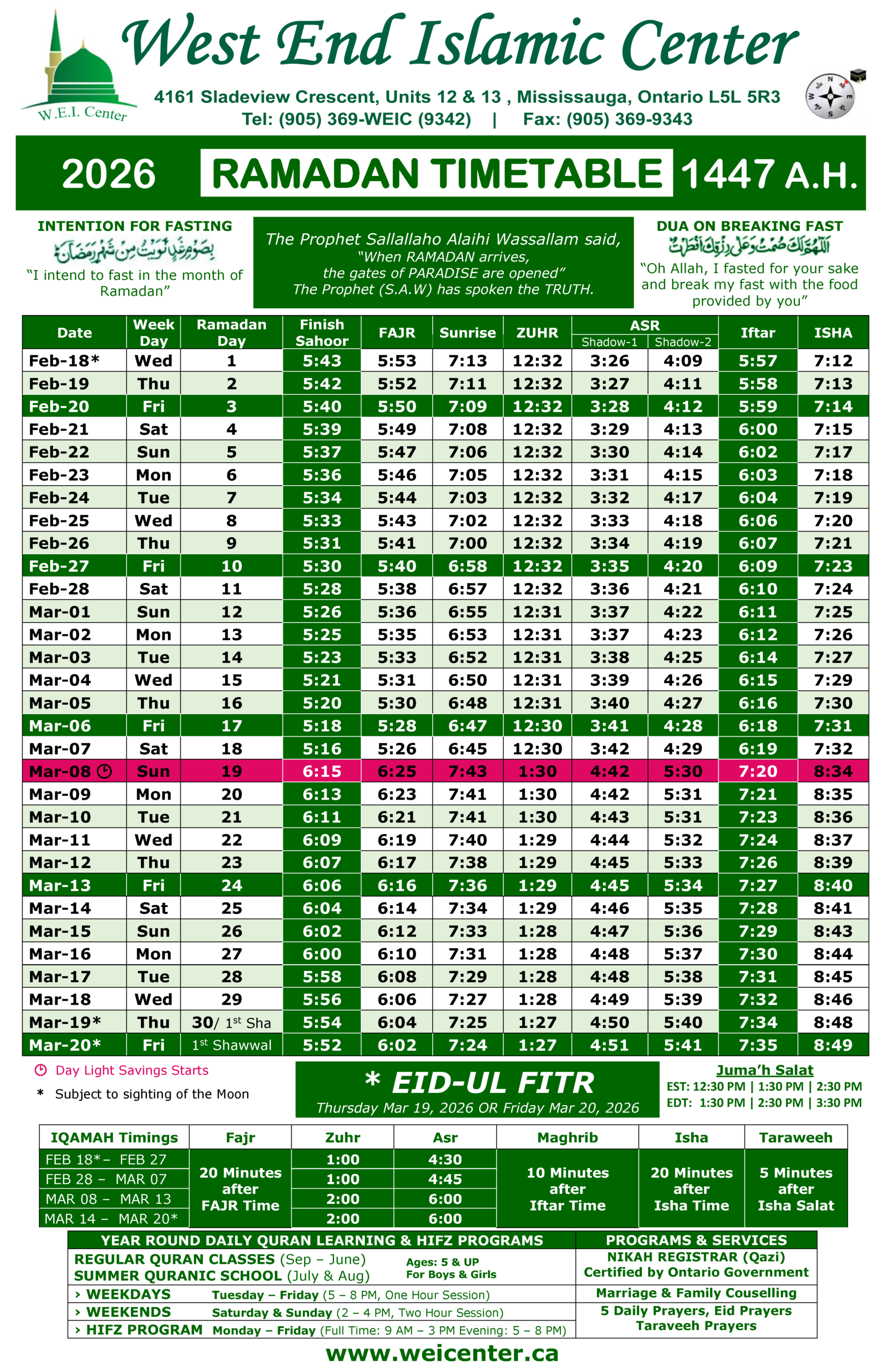 Ramadan Timetable 2026 | West End Islamic Center Mississauga for Ramadan Calendar 2026 California